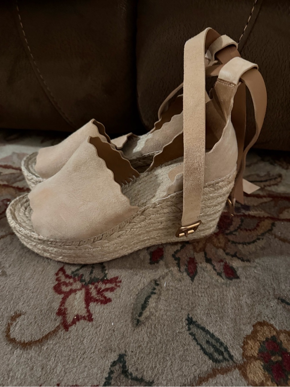 Chloe Blush Beige Suede Scalloped Espadrille Wedge Sandals